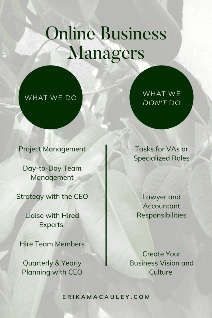 Online Business Manager duties:
Do: project management, day-to-day team management, liaise with hired experts, hire team members, and quarterly and yearly planning with CEOs.
Don'ts: Tasks for VAs or specialized roles, lawyer and accountant responsibilities, and creating your business vision and culture.